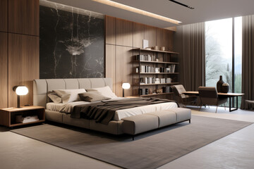Minimal bedroom interior design in rustic color with modern bed and decoration