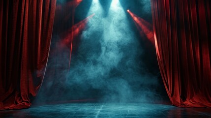 Stage background design, heavy velvet curtain open, black stage background illuminated by bright rays of light, spotlights and artificial smoke. - obrazy, fototapety, plakaty