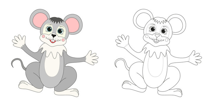 Funny mouse line and color illustration. Cartoon vector illustration for coloring book.