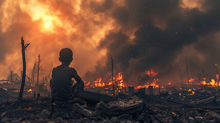 A Child in Front of Fire and Destruction: Children are the Real War Victims, AI Generative - obrazy, fototapety, plakaty