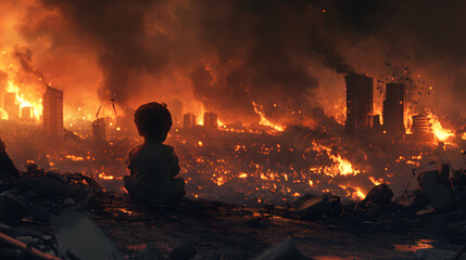 A Child in Front of Fire and Destruction: Children are the Real War Victims, AI Generative - obrazy, fototapety, plakaty