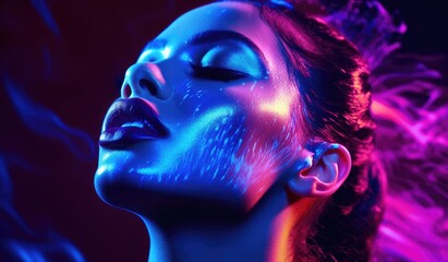 Portrait of a model against a neon pink and blue background, exuding a futuristic and fashionable vibe. - obrazy, fototapety, plakaty