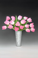 Spring pink tulip flower arrangement in metal vase on gradient black white background. Spring, Mothers Day, Anniversary and Easter floral nature design.