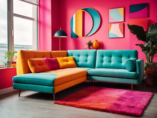 Colourful corner sofa in the apartment. The interior design is a pop art style with colourful living room designs.