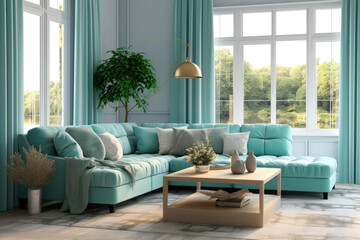 Modern living room design with sofa and colorful furniture
