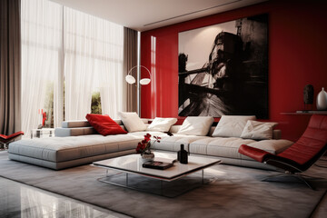 Modern minimal bauhaus living room interior design in crimson red colors