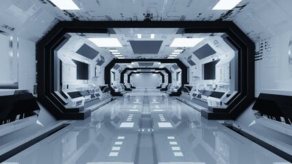 3D sci-fi animation of a spaceship tunnel. Fast travel through the corridor of the space station. Looped. - Powered by Adobe