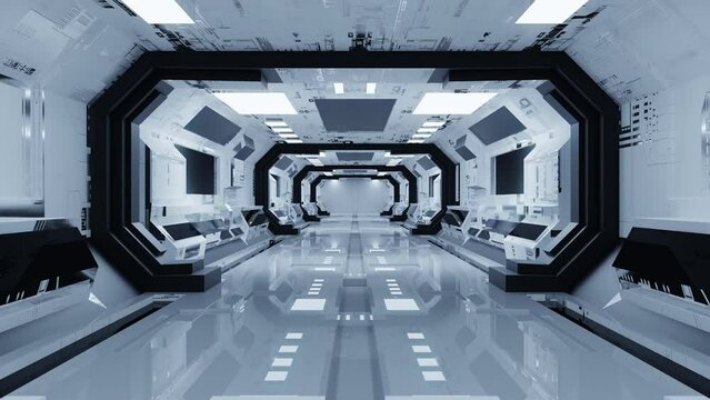 3D sci-fi animation of a spaceship tunnel. Fast travel through the corridor of the space station. Looped.