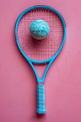 A depiction of a tennis ball with a tiny, intricate pastel pattern etched onto it, paired with a simple pastel racket,