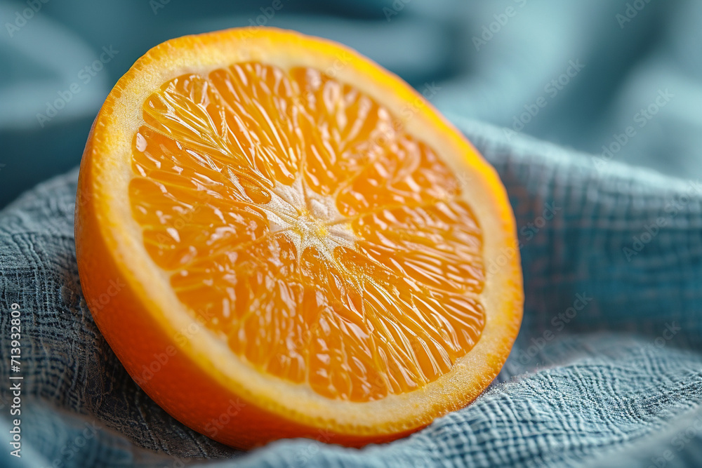 Poster an image of a single pastel-colored orange slice gently resting on a soft blue canvas, symbolizing f