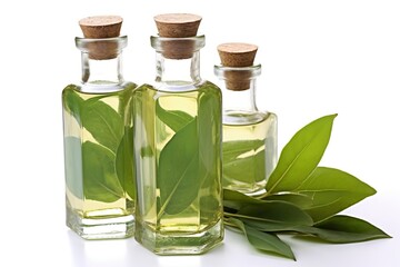 homemade sage infused oil in glass bottles green leave