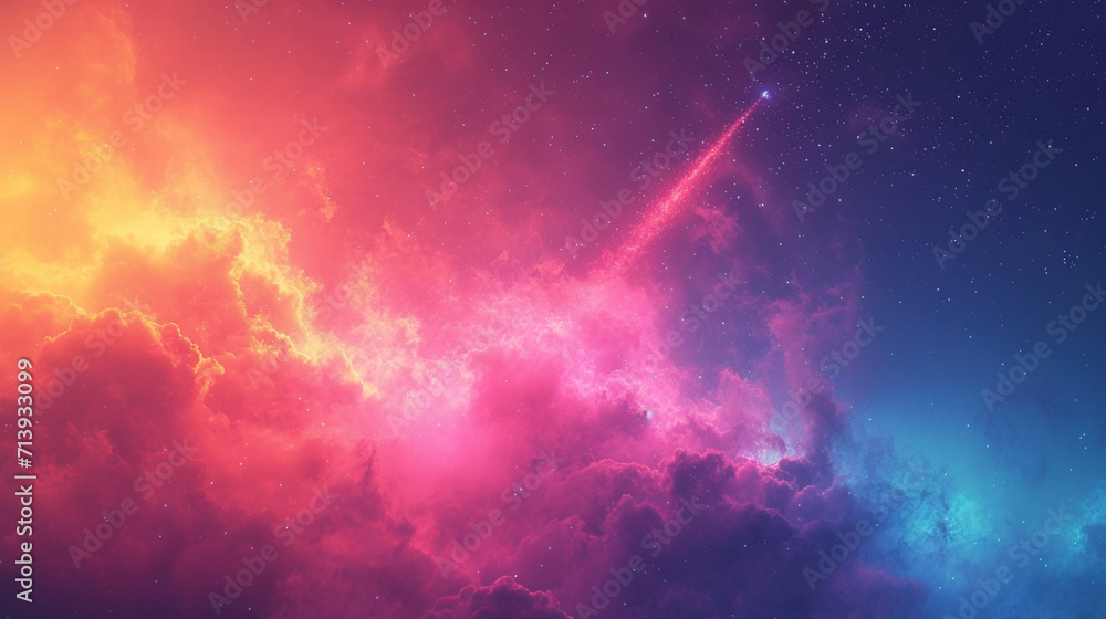 Poster an image of a tiny meteor navigating through a pastel-colored abstract sky,