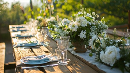 Table setting with white flowers for outdoor wedding dinner, background for a solemn event. Created with Generative Ai technology.