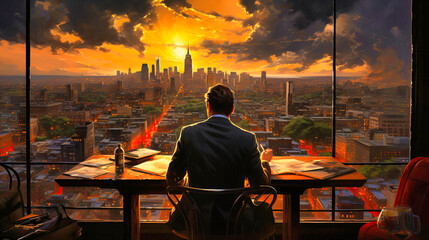 Witness the creativity and success of a businessman against the backdrop of a city skyline. The open sky symbolizes limitless possibilities and inspiration.