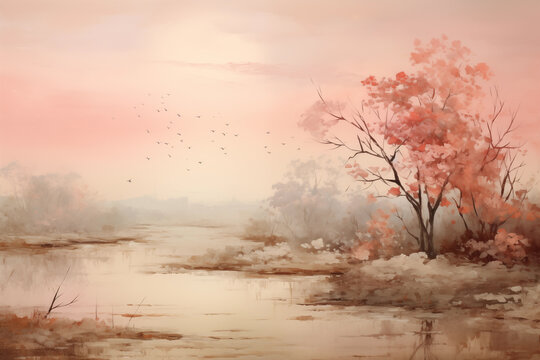 Autumn landscape with a lake, trees and birds. Digital painting.