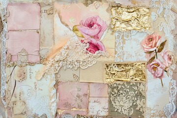 Vintage Charm Reverie: Beautifully Arranged Junk Journal Collage Infused with French Lace, Damask Burlap, and Subtle Gold-Leaf Glimmers background texture wallpaper