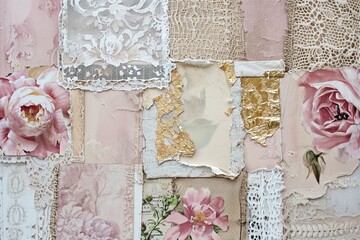 Timeless Tapestry Delight: Torn Paper Collage featuring Shabby Chic Textures, Antique French Lace, and Realistic Gold-Leaf Highlights wallpaper background texture vintage
