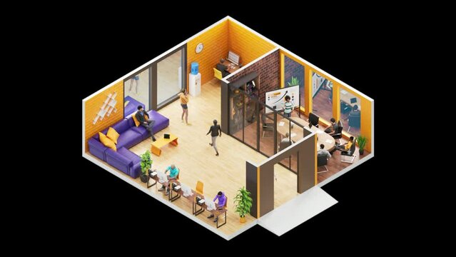 The office room where people work. 3D Isometric. Loop Animation. Alpha channel