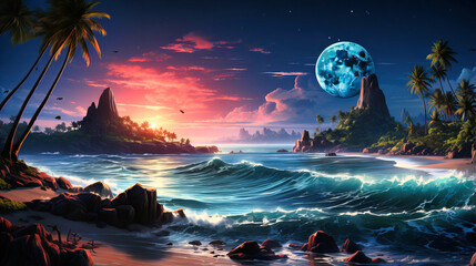 Delight in the beauty of a moonlit seascape, where the ocean meets the night sky. The serene atmosphere and bright moon create a tranquil and romantic scene.