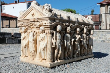 A sarcophagus from the Roman period exhibited in the Iznik Museum. Iznik, Bursa, Turkey.