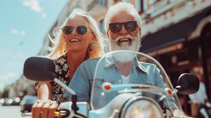 Joyful retirees on scooter, exploring european city, with text space for creativity. - obrazy, fototapety, plakaty