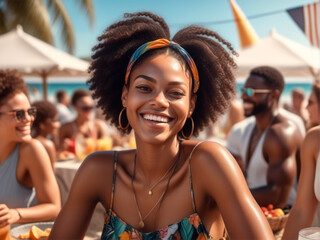 Cheerful african american woman with afro hairstyle sitting on sunbed and smiling