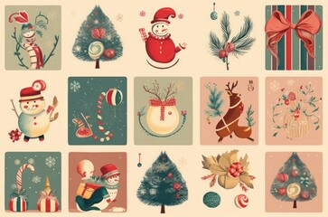 Christmas decorative illustrations in vintage style, Generative AI 