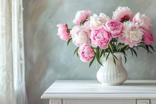 An elegant still life of a pink bouquet in a white vase, showcasing the artistry of floristry and the beauty of garden roses against a wall of delicate petals