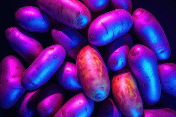 Neon colors potatoes, dark isolated background