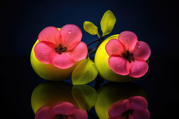 Neon colors quince fruit, dark isolated background