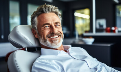 Confident mature man with a charming smile relaxing in a modern dental clinic chair, portraying dental care and healthy lifestyle for seniors - obrazy, fototapety, plakaty