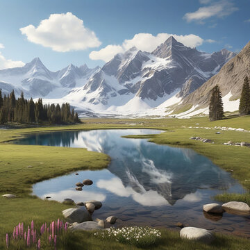 A lake surrounded by mountains, reflecting the peaks in the water ai generated photo
