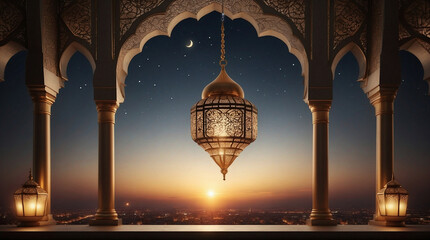 A large lamp hanging from the arches of the balcony of a mosque at sunset. Muslim Ramadan, beautiful travel destinations. - obrazy, fototapety, plakaty