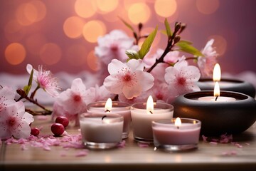 Obraz na płótnie Canvas Beauty and massage salon environment, Banner with sakura cherry blossoms, candles and stacked stones, Calm and relaxing environment