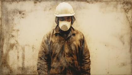 Neutral colors faded photo of worker wearing safety helmet and mask