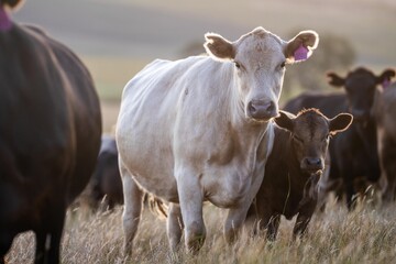 cows at dusk grazing in a field on a farm in summer