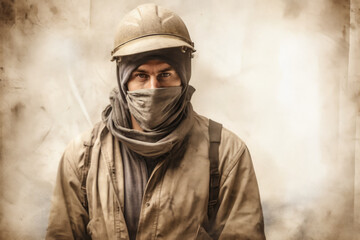 Fototapeta premium Neutral colors faded photo of worker wearing safety helmet and mask