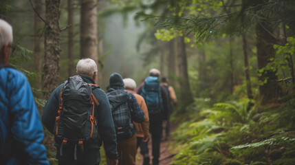 A group of active seniors with backpacks hiking together on a trail surrounded by the dense greenery of a misty forest.