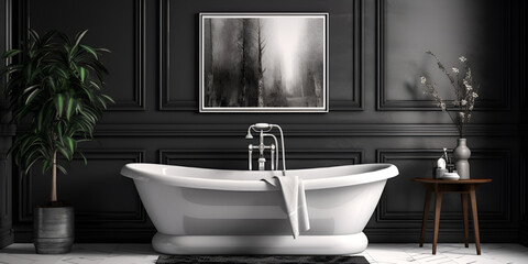 Luxury Bathroom Decor Image with white bathtubbThere is a bathtub in a bathroom with a scenery hanging on wall A black bathroom with a white bathtub and a plant Ai Generative