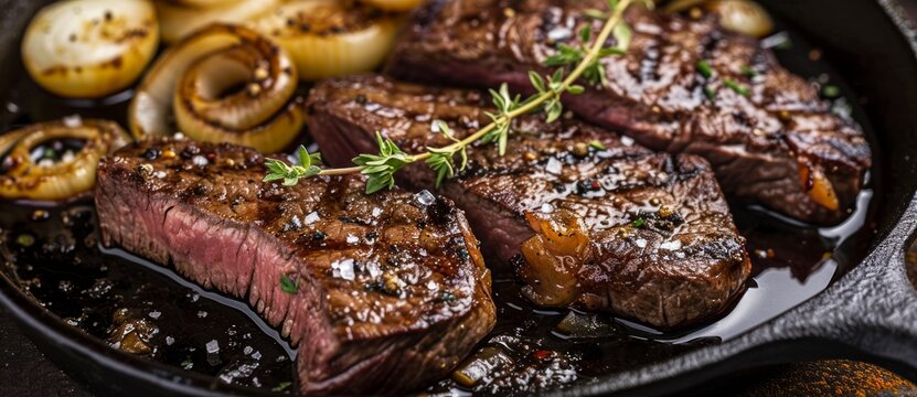 An indoor cooking adventure awaits as a succulent beef tenderloin sizzles on a pan with caramelized onions, infusing the dish with rich flavors of marination and animal fat