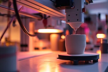 The process of 3D printing a ceramic cup, with focus on the extruding printer head in a lab.