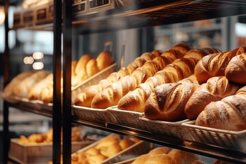 Close up view of freshly baked bakery in hypermarket - obrazy, fototapety, plakaty