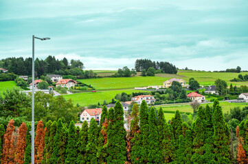 Fototapeta na wymiar Austrian landscape with green hills and privat houses. 
