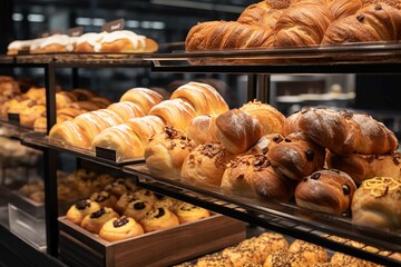 Close up view of freshly baked bakery in hypermarket - obrazy, fototapety, plakaty