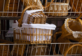 wicker basket, display case with wicker baskets, Housework and housekeeping concepts.