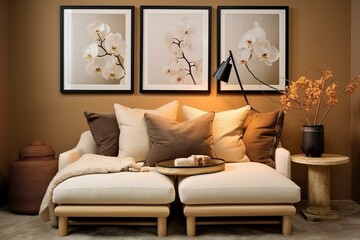 This inviting room features a stylish arrangement of a poster frame, pillow, dried flower, vase, stool, and personal accessories, creating a neutral and cozy ambiance. Generative AI