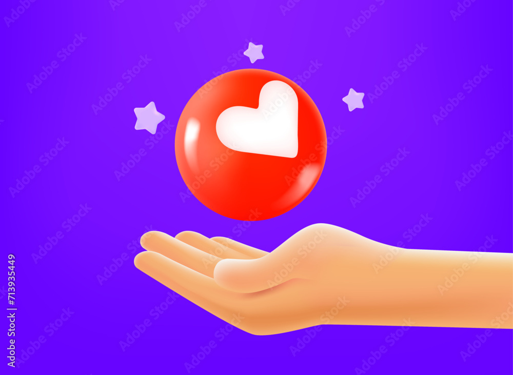 Poster Hand with social media reaction. 3d vector mobile application icon with notification
