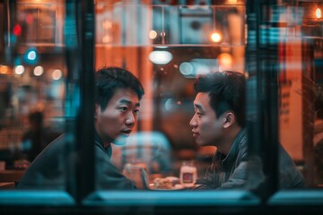 Two men share a moment of intense contemplation over a cup of coffee, their faces etched with the weight of the bustling city outside the window of the cozy restaurant - obrazy, fototapety, plakaty