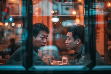 Fotobehang Two men share a moment of intense contemplation over a cup of coffee, their faces etched with the weight of the bustling city outside the window of the cozy restaurant © Radomir Jovanovic