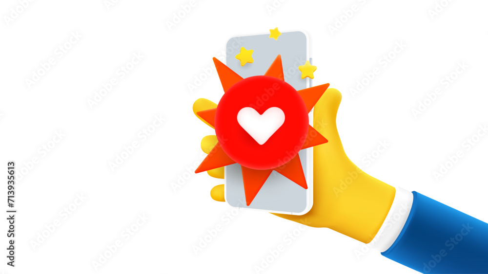 Poster man holding smartphone with heart sign on the screen. 3d vector banner with copy space